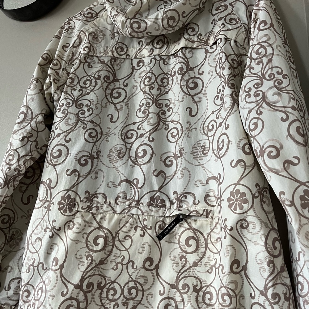 Stylish White and Brown Patterned Women's Rain Jacket